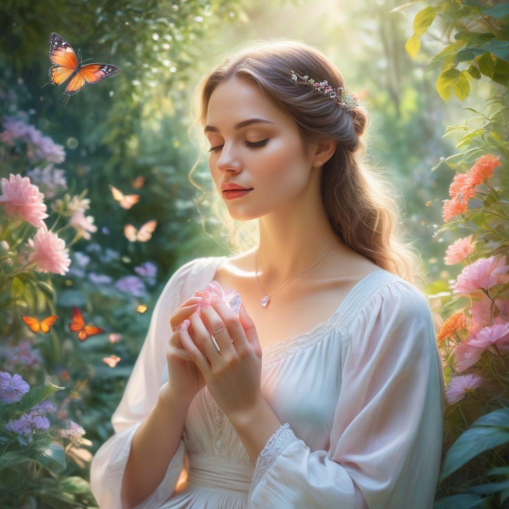 A serene scene featuring a tranquil woman meditating in a lush garden, surrounded by vibrant flowers and soft sunlight filtering through leaves. She holds a heart-shaped crystal in her hands, symbolizing self-love, while gentle butterflies flutter around her. The atmosphere feels soothing and inviting, conveying a sense of nourishment and inner peace. watercolors. pastel colors. ethereal light.